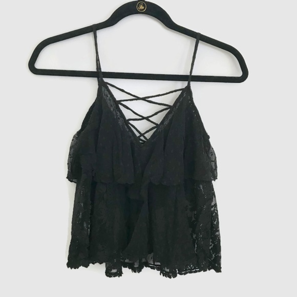 Free People Tops - Free People Black Lace Crop Tiered Cami Top